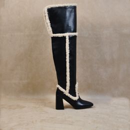 Winter Womens Slip-on over de knie hoge laarzen vierkante teen matte zwarte patch lam wollen dikke hoge hakken schoenen mode binnenbont