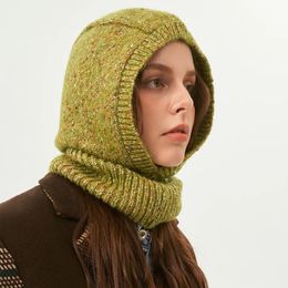 Cagoule en laine d'hiver pour femmes, chapeau tricoté à capuche, chapeaux chauds d'extérieur, col de cou, bonnets, 240113
