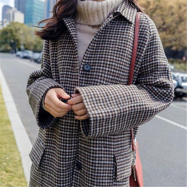 Abrigo y chaqueta de lana de invierno para mujer, abrigo largo a cuadros coreano a la moda elegante, capa Vintage de Cachemira para mujer 210428