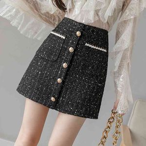 Winter Wol Skirt Womens Single-Breasted Pocket Front Glitter Tweed Mini Saia Feminina 210520