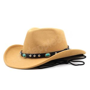 Chapeau Fedora en feutre Trilby Vintage en laine, avec ceinture Turquoise, pour femmes et hommes, chapeaux d'église à large bord, casquettes de Jazz d'automne