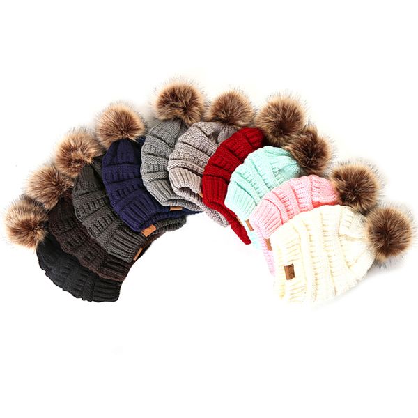 Gorro CC de punto cálido de lana de invierno para mujer con pompones de piel de bola grande Gorro de ganchillo Gorro de esquí Bobble Fleece Cable Slouchy Skull Hat Caps 10 colores