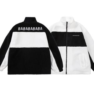 Abrigo de lana de invierno Chaquetas cálidas para hombres y mujeres Abrigo de lana de cordero Parkas de piel con letras Rompevientos de moda Cremallera Streetwear Negro Blanco