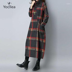 Winter Wollen Jurk Dames Vintge Plaid Turtleneck Lange Jurken Robe Lady Vestidos Losse Plus Size Casual SS48501