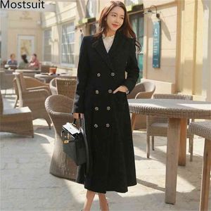 Hiver laine coréen doublé poitrine longues vestes manteaux femmes manches col cranté élégant mode vêtements d'extérieur pardessus 210513