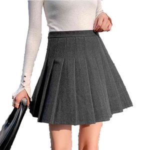 Jupe plissée en laine d'hiver Dames Style coréen Taille haute Fermeture à glissière Plus Taille Gris A-Line Ruché Upskirt Uniforme scolaire japonais 210604