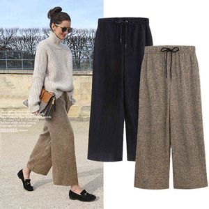 Pantalon plissé en laine d'hiver Femmes Taille élastique Lâche pour l'automne Noir Large Kaki Longueur de la cheville 211124
