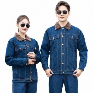 Vêtements de travail d'hiver Veste en jean polaire chaude Manteau simple boutonnage Costume de soudage de travail thermique Résistant à l'usure Vêtements de travail épais 4x c8MW #