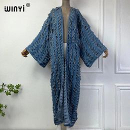 Winyi African Fashion Cardigan for Women 2024 Loose Overcoat Hollow Denim Long Down Coat Swimsuit Cover Up Summer Kimono 240508