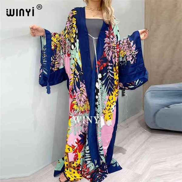 WINYI traf Bikini de algodón Sweet Lady Pink Boho Print Self Belted Front Open Long Kimono Dress Túnica de playa Mujeres Wrap Vestidos 210722