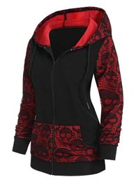WIPA Gothic Vrouwen Hooded Jas Plus Size Skull Graphic Lace Panel Zip Up Hoodie Casual Sweatshirts Herfst Winter Pullover Tops X0721