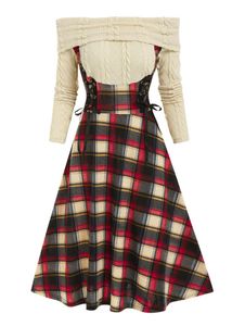 Casual Jurken Wipalo Damesjurk Plus Size Off The Shoulder Lace Up Plaid 2 in 1 Vestidos Herfst Gothic Gemengde Media Party