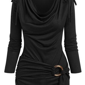 Wipalo Cowl Hals Cinched O Ring Tee Lange Mouw Losse Tops Dames Lente Herfst Stijl Blouses Shirt 220321