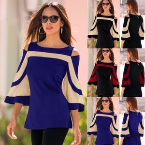 Wipalo Femmes Casual Fashion Flare Sleeve Cold Cold Two Tone Spring Blouse Boat Cou