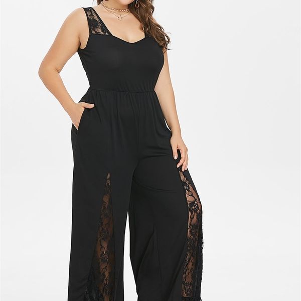 Wipalo Femmes Plus Taille 5XL Panneau de dentelle Combinaison jambe large Casual Solide Col plongeant sans manches Longueur de plancher Combinaison grande taille Ensemble T200509