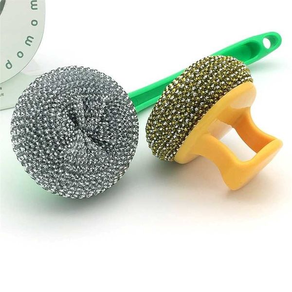 Brosse à boule de fil avec poignée longue, brosse de nettoyage, poignée de vaisselle, brosse de lavage, boule de fil en acier inoxydable, nettoyeur de cuisine 211215