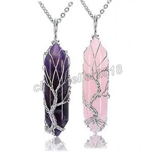 Fil Wrap Naturel Gem Pierre Arbre de Vie Colliers Guérison Pointu Hexagonal Violet Cristal Rose Quartz Pendentif Reiki Méditation