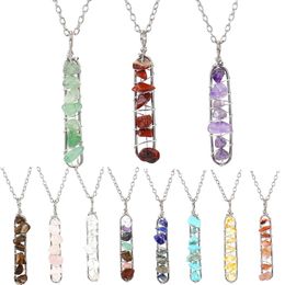 Wire Wrapped Chip Stone Hanger Kwarts gebroken kralen Rechthoek Maan levensboom Charms Amethist Lapis Healing Crystal Agaat Kettingen voor dames sieraden