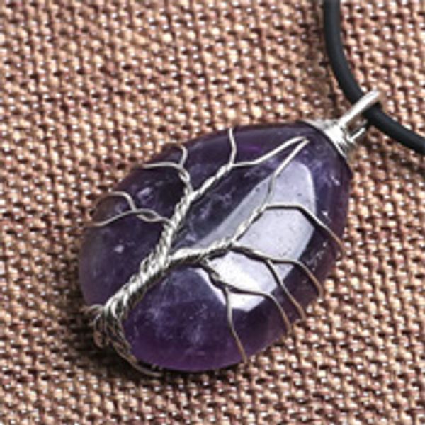 Fil Enroulé Arbre De Vie Naturel Cultivé Oeil De Tigre Gemme Larme Pendentif Collier Fait À La Main Guérison Cristal Chakra Bijoux pour Femmes