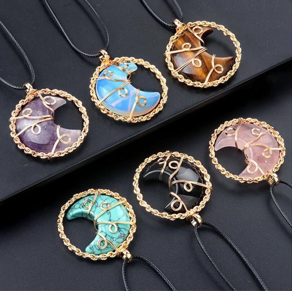 Collier pendentif en pierre naturelle de lune enveloppé de fil, améthyste, Quartz Rose, cristal turquoise, bijoux cadeau