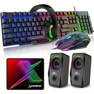 Bedraad gamingtoetsenbord, muis, hoofdtelefoon en luidsprekercombinatie met multi-RGB-achtergrondverlichting, ergonomische, verstelbare microfoon met 104 toetsen, 2400 DPI, muizen, grote muismat, waterdicht voor pc