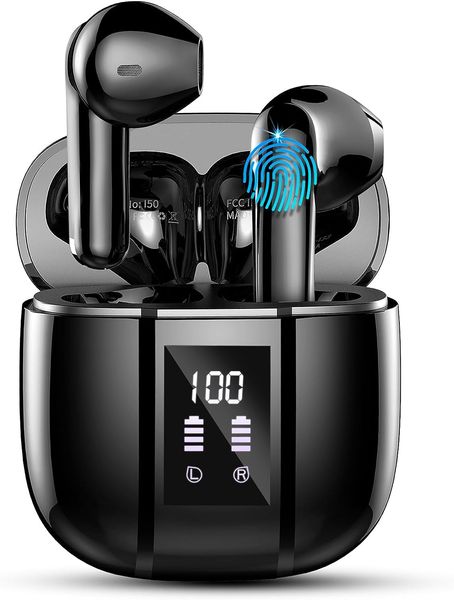 Auriculares inalámbricos Bluetooth 5.3 estéreo de alta fidelidad, auriculares Bluetooth 3g en el oído con 4 micrófonos ENC, mini estuche de carga LED USB-C de 48 horas, auriculares deportivos impermeables IPX7