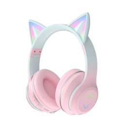 Draadloze Bluetooth-koptelefoon Headhands Koptelefoon voor mobiele telefoon Zacht en schattig Cat Ear Cartoon Kleurverloop Koele RGB-verlichting