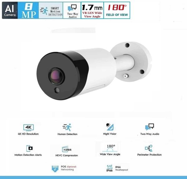 Kits de cámara inalámbrica Panorámico 4K VR 180 grados Poe 8MP 5MP 4MP 3MP IP66 Cámara de seguridad impermeable con cámara de bala de visión nocturna de audio bidireccional J240518