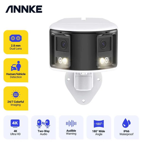 Kits de cámara inalámbrica Annke 4K Poe Security Camera System Dual Lens IP Camera de 180 grados Angulización de visión Human Detección de vehículos Human Visión nocturna J240518