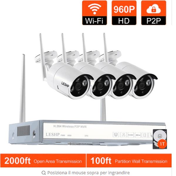 Freeshipping Caméra sans fil Wifi 960P IP 4CH NVR Système CCTV Enregistreur vidéo 4 x 1.3MP Wifi Caméras IP réseau extérieur avec 1T HDD