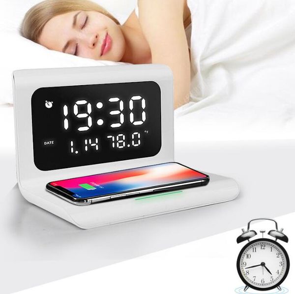 Chargeur sans fil avec horloge miroir d'alarme numérique Température 12 / 24H 10w Charge rapide pour Iphone 11 12 samsung s10 note 10