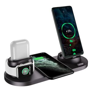 Chargers sans fil 10W Charge rapide pour les écouteurs de montre de téléphone mobile Six-en-un Smartphone Apple Android Chargeur USB Téléphone portable Interface de socket filaire