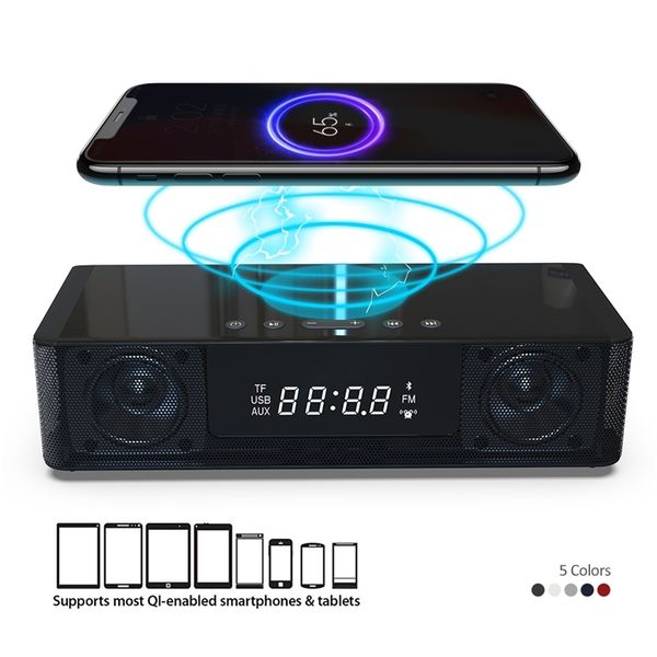 Chargement sans fil LED Réveil Affichage Bluetooth Haut-parleur Stéréo Haut-parleur portable Sans fil Subwoofer FM Radio USB Port Chargeur 201222