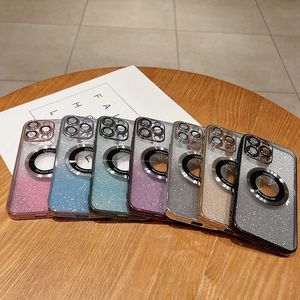 Étuis métalliques de chargement sans fil pour iPhone 15 14 Pro Max Plus 13 12 11 Bling Luxe Dégradé Paillettes Placage Magnétique Souple TPU Chromé CD Protecteur De Lentille Gel Couverture