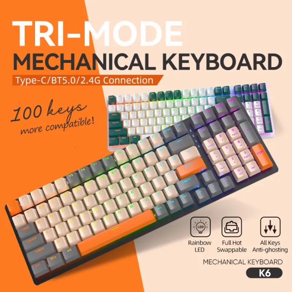 Inalámbrico = teclado con luz colorida Teclado mecánico inalámbrico K6 Conexión de 3 modos 50BT24GHZ Teclado para juegos Bluetooth 230414 Moda y elección joven
