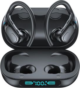 Draadloze oordopjes Bluetooth 5.3 Hoofdtelefoons 120 uur Speeltijd Wireless Laying Sports-oortelefoons met LED Power Display IPX7 waterdichte over-ear knoppen met Earhooks