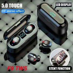 Écouteur sans fil Bluetooth V5.0 F9 TWS Casque HiFi Stéréo Écouteurs LED Affichage Tactile Contrôle 2000mAh Power Bank Casque Avec Micro