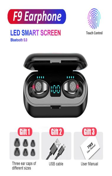 Écouteur sans fil Bluetooth V50 F9 TWS Contrôle tactile du casque avec LED Digital HiFi Earbuds 2000mAh Banque d'alimentation Casque WI7590089