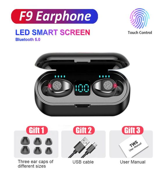 Écouteur sans fil Bluetooth V50 F9 TWS Contrôle tactile du casque avec LED Digital HiFi Earbuds 2000mAh Banque d'alimentation Casque WI7301081