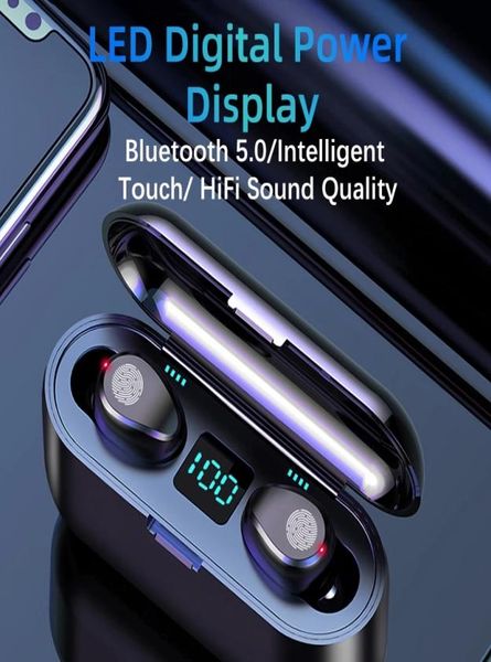 Écouteur sans fil Bluetooth V50 F9 TWS HIFI Mini casque de sport intra-auriculaire affichage LED avec banque d'alimentation 2000 mAh Micr6088621