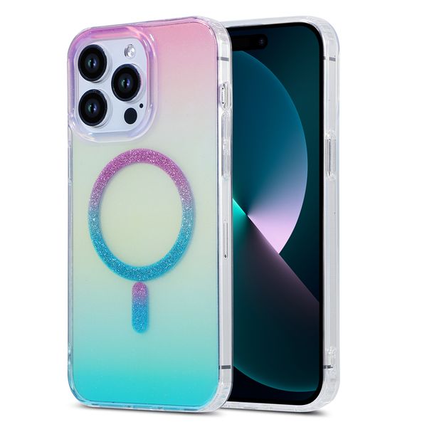 Funda de teléfono magnética con gradiente inalámbrico para iPhone 15 Pro Max 14 Plus 13 12 11, protección a prueba de golpes, funda móvil MagSafe con purpurina