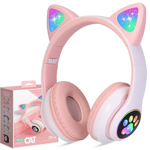 Écouteurs sans fil avec micro, écouteurs sans fil chat sur l'oreille, pour enfants filles IPad/tablette/PC/cadeaux d'anniversaire