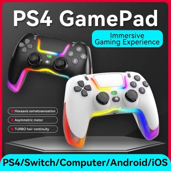 Joystick inalámbrico para PS4 / Switch / IOS / Android / PC Controlador de juegos LED RGB Manija de Bluetooth Accesorios de la consola Gamepad sin demora con caja de venta al por menor del paquete