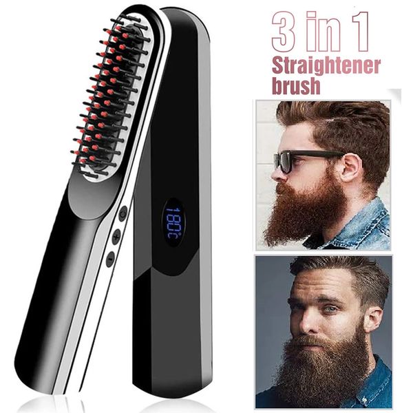 Sans fil hommes rapide barbe lisseur cheveux Style peigne LCD multifonctionnel sans fil USB charge cheveux redressage brosse 240306