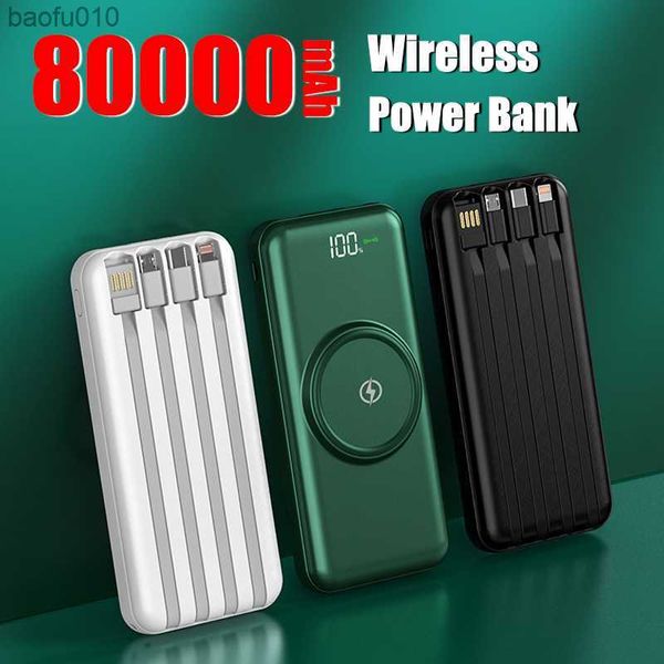 Banque d'alimentation sans fil 80000mAh Chargeur portable Charge rapide Affichage numérique Batterie externe Construit en 4 câbles pour iphone mi L230619