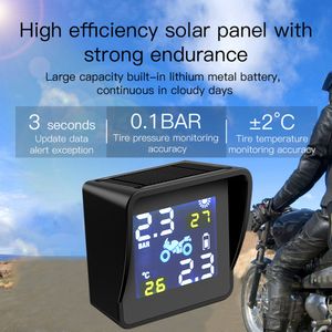 Wireless Solar LCD Motorfiets TPMS IP65 Auto waterdichte bandendruk Temperatuur Monitoring Alarmsysteem met 2 externe sensoren