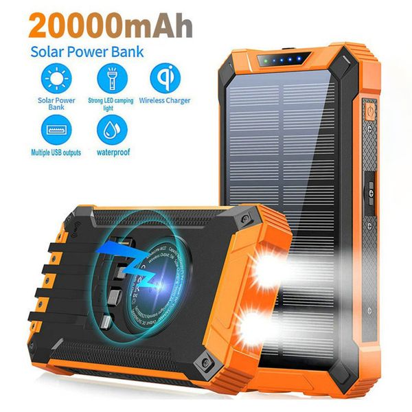 Banque d'énergie solaire sans fil 20000mAh avec quatre câbles Chargeur portable portable en plein air Panneau solaire double USB avec lumière LED