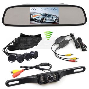 Radar de aparcamiento de vídeo inalámbrico 4 sensores Monitor de coche de 4,3 pulgadas Monitor de espejo + cámara de visión trasera IR para coche