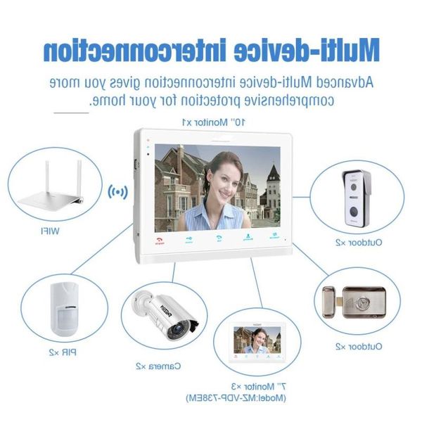 FreeShipping Sistema citofonico campanello video IP wireless/Wifi intelligente Monitor da 10 pollici 3 x 7 pollici con fotocamera per telefono porta cablata 2x720P Atage