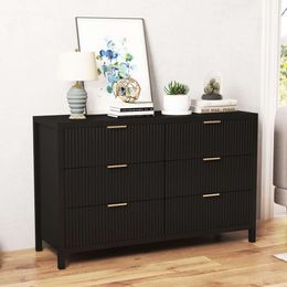 Wirrytor 6 Dessin Double chambre, commodes de placard modernes coffre de tiroirs avec panneau cannelé, large commode de rangement en bois pour la chambre de chambre à coucher pour la pépinière